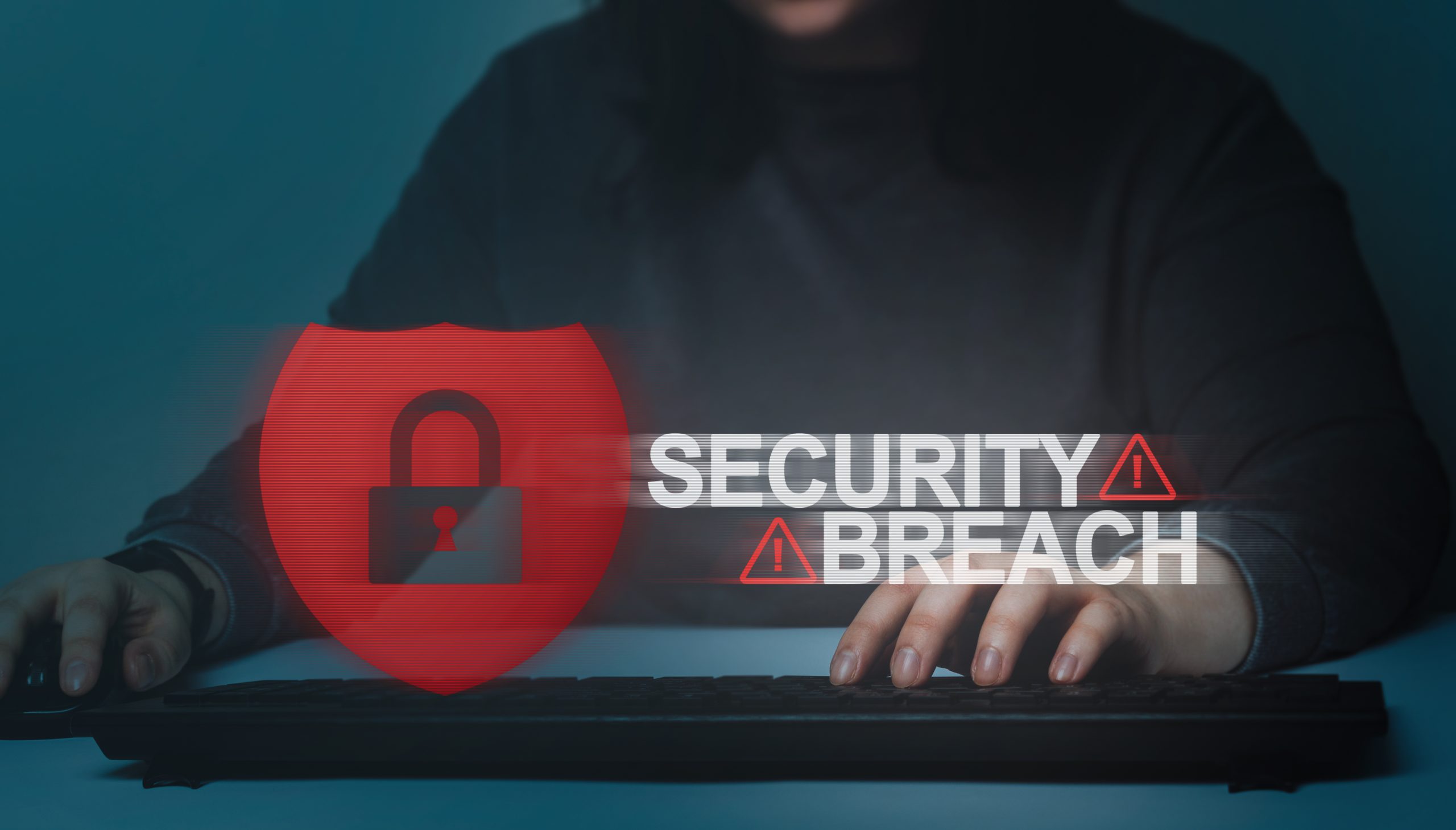 woman using computer with vr warning interface security breach cyber security data protection